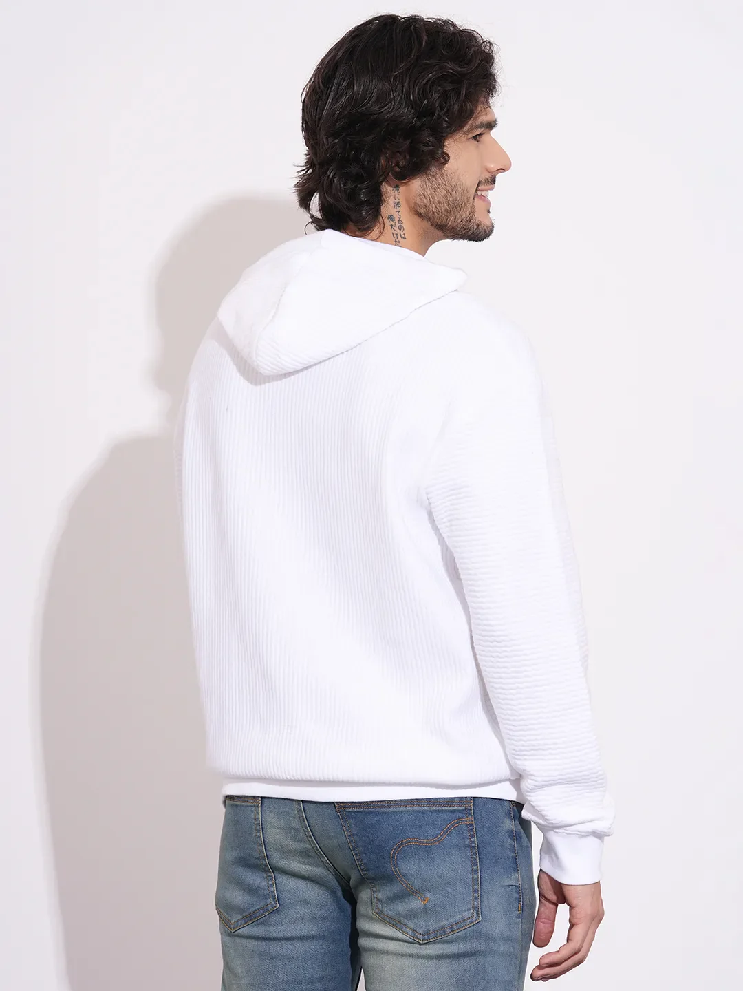 White Easy Fit Long Sleeves Cotton Men's Hoodie by Being Human Clothing - Image 3