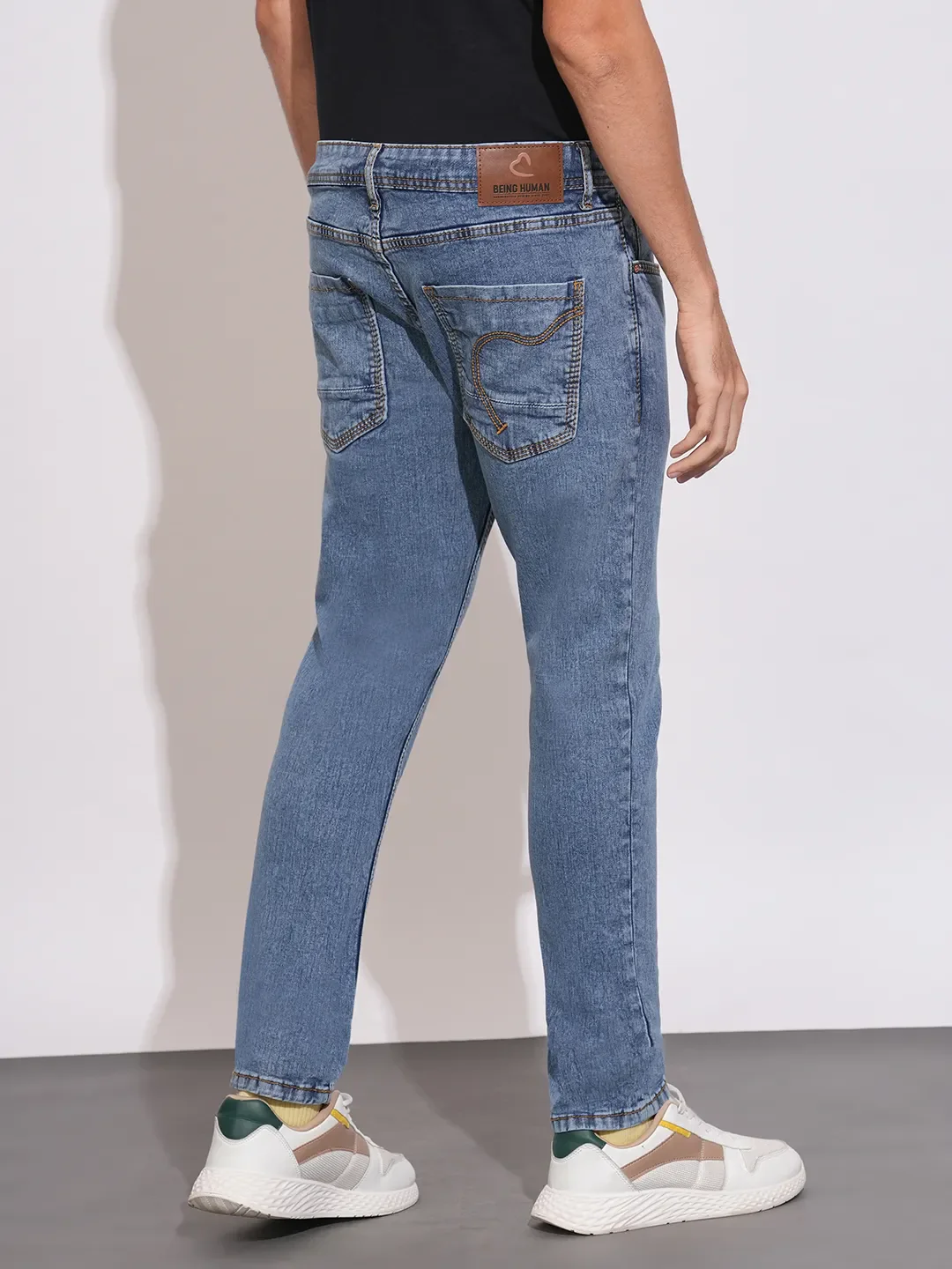 Blue Cropped Fit Cotton Blend Men's Denims by Being Human Clothing - Image 3