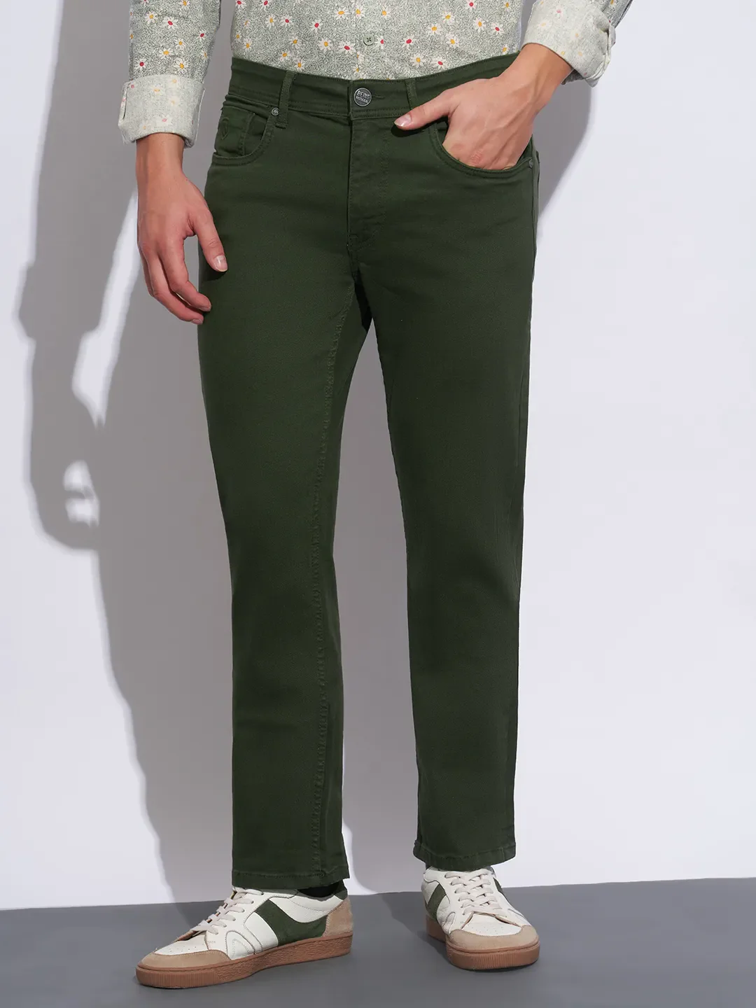 Green Straight Fit Cotton Blend Men's Denims by Being Human Clothing