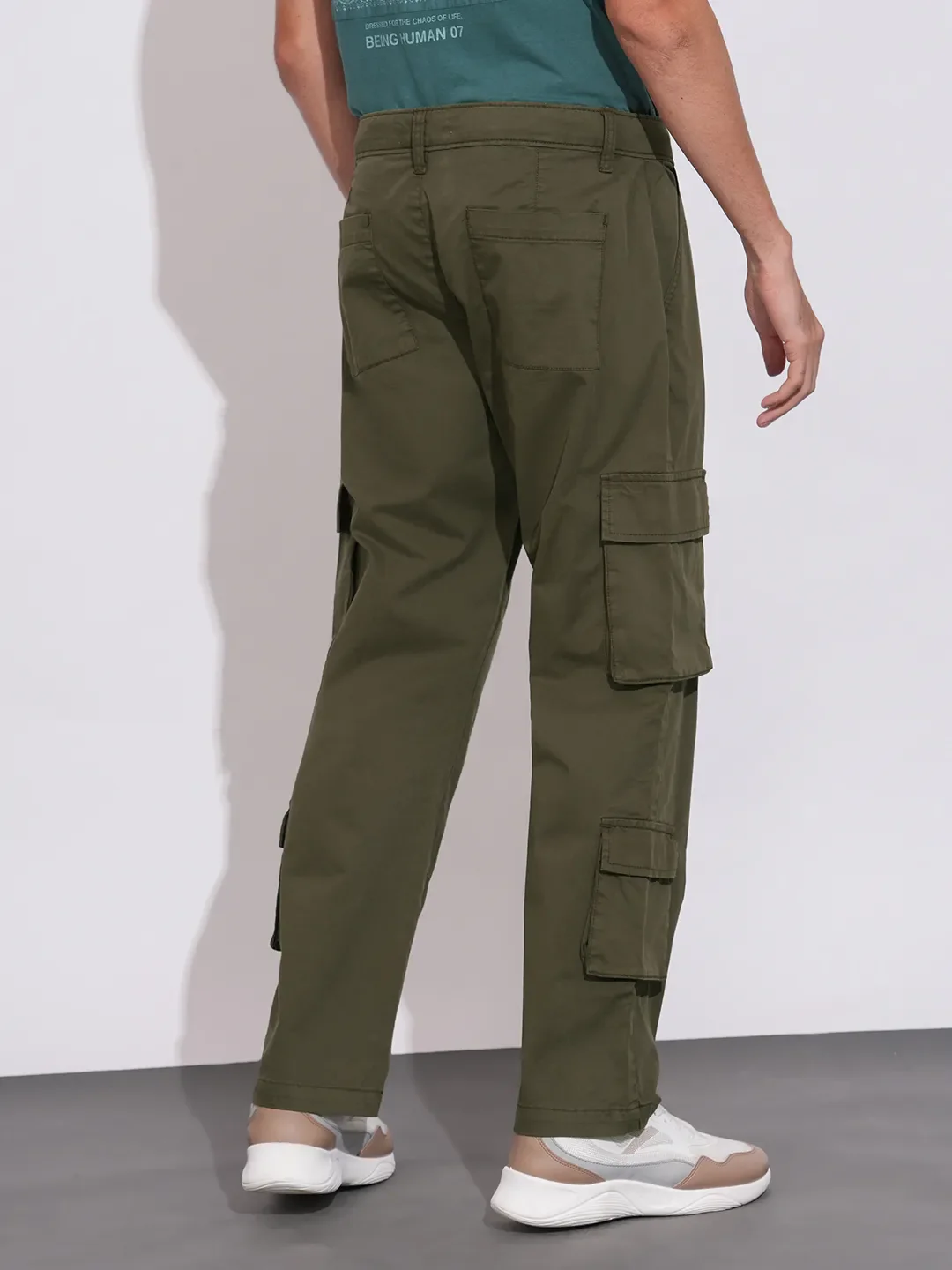 Olive Regular Fit Cargos for Men By Being Human Clothing - Image 3