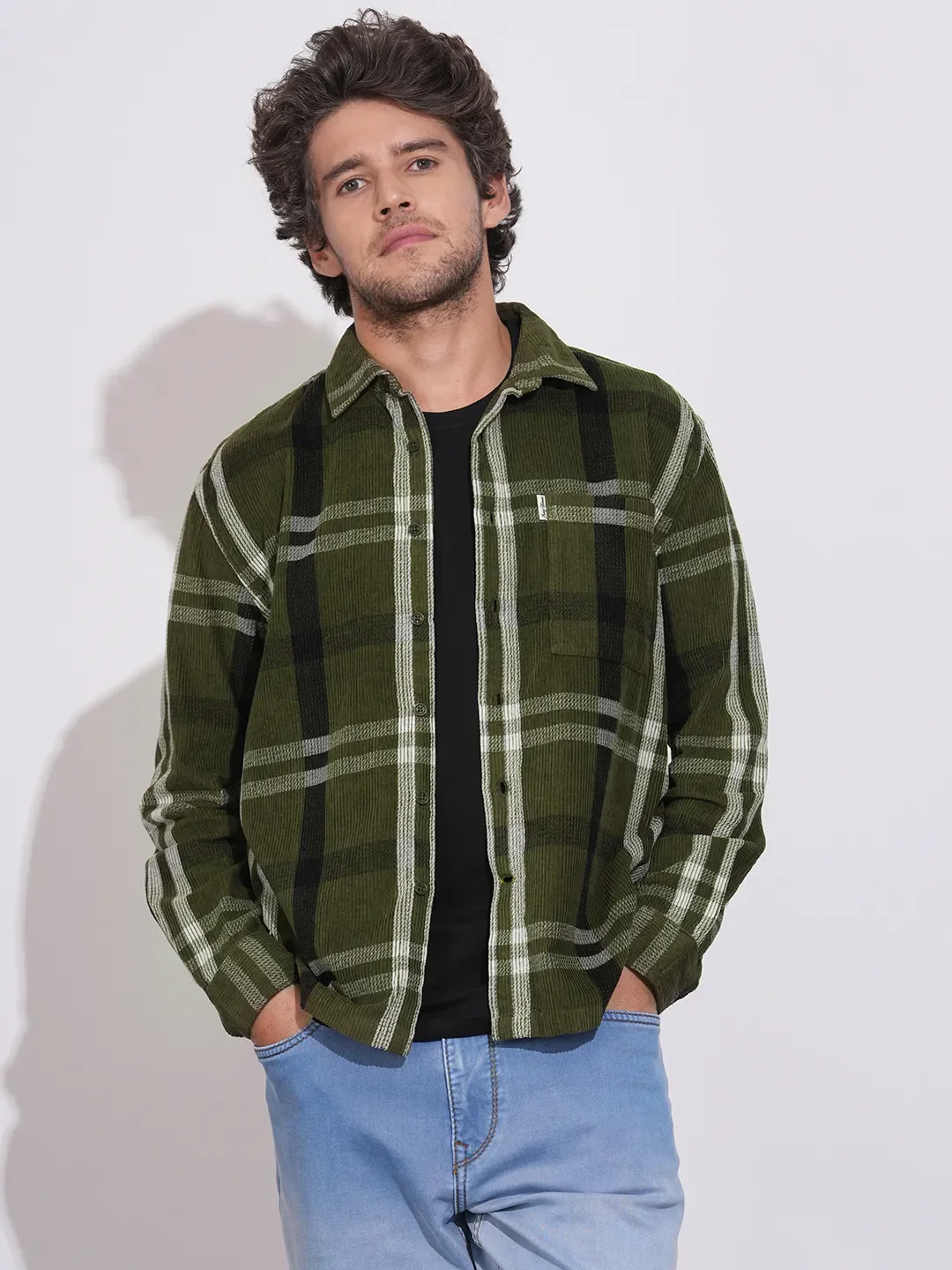 Olive Moderno Fit Regular Collar Men's Shirt by Being Human Clothing
