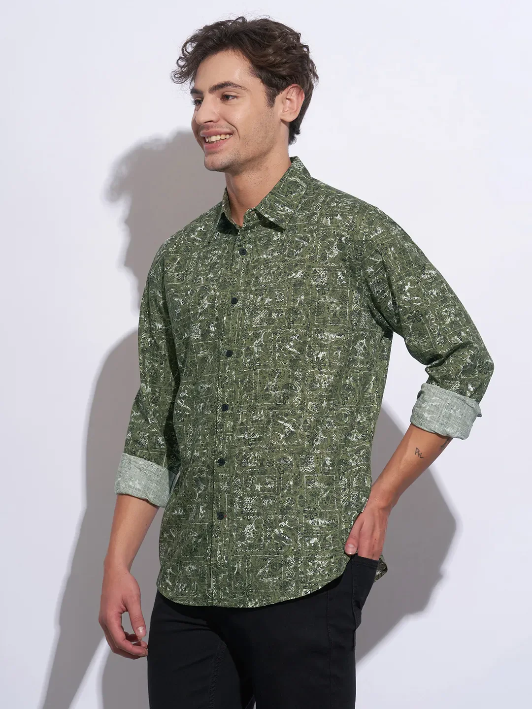 Olive Moderno Fit Regular Collar Long Sleeves Cotton Men's Shirt by Being Human Clothing - Image 2