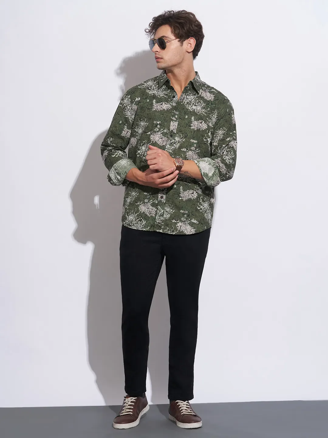 Olive Moderno Fit Regular Collar Long Sleeves Cotton Men's Shirt by Being Human Clothing - Image 4