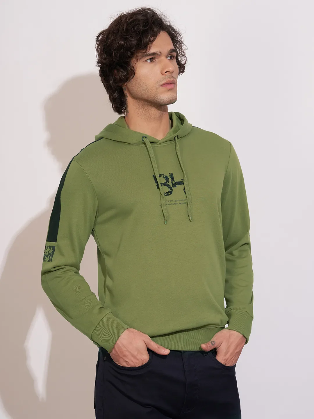 Olive Regular Fit  Long Sleeves Cotton Blend Men's Hoodie by Being Human Clothing - Image 2