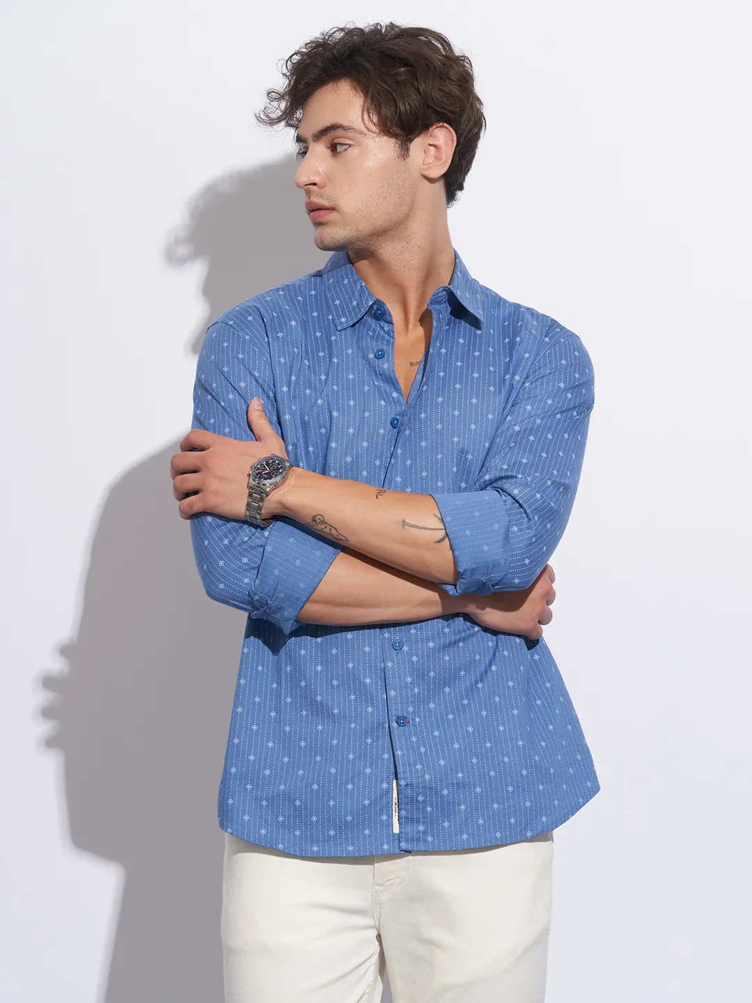 Blue Moderno Fit Regular Collar Long Sleeves Cotton Men's Shirt by Being Human Clothing - Image 6