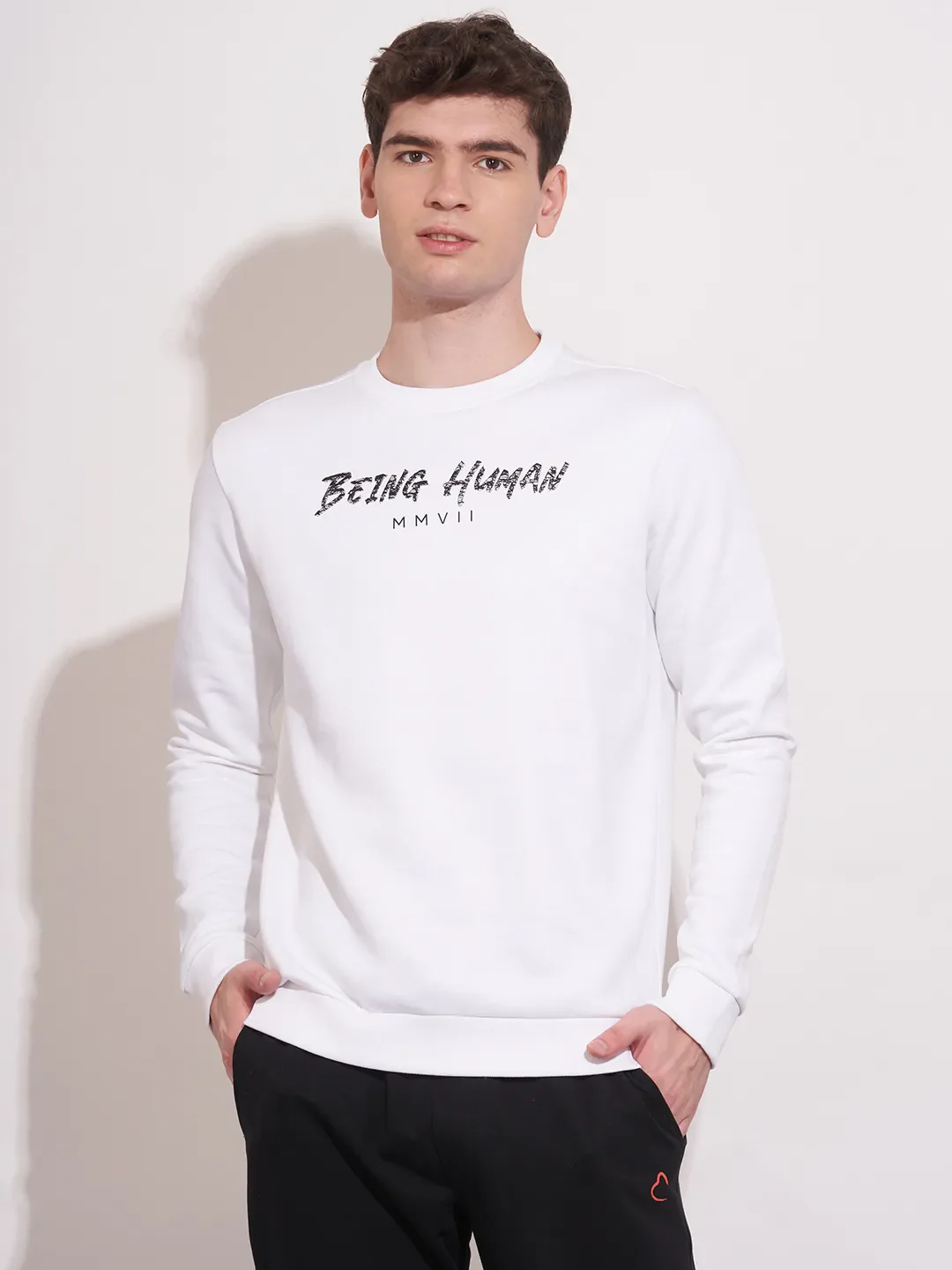 White Regular Fit Round Neck Men's Sweatshirt by Being Human Clothing