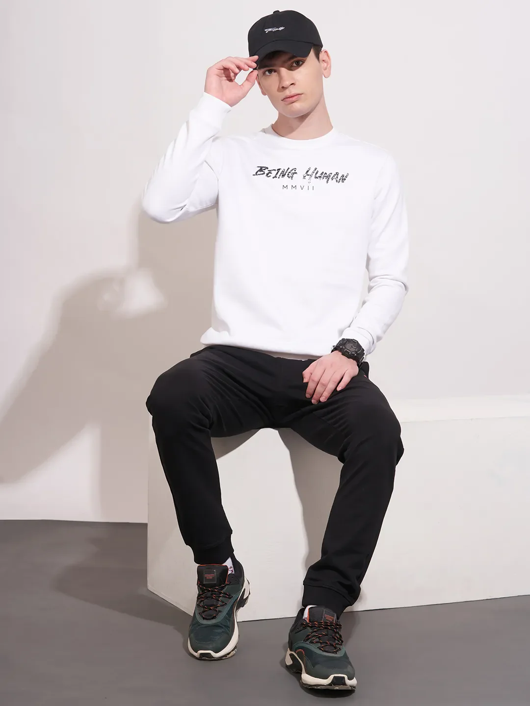 White Regular Fit Round Neck Men's Sweatshirt by Being Human Clothing - Image 4