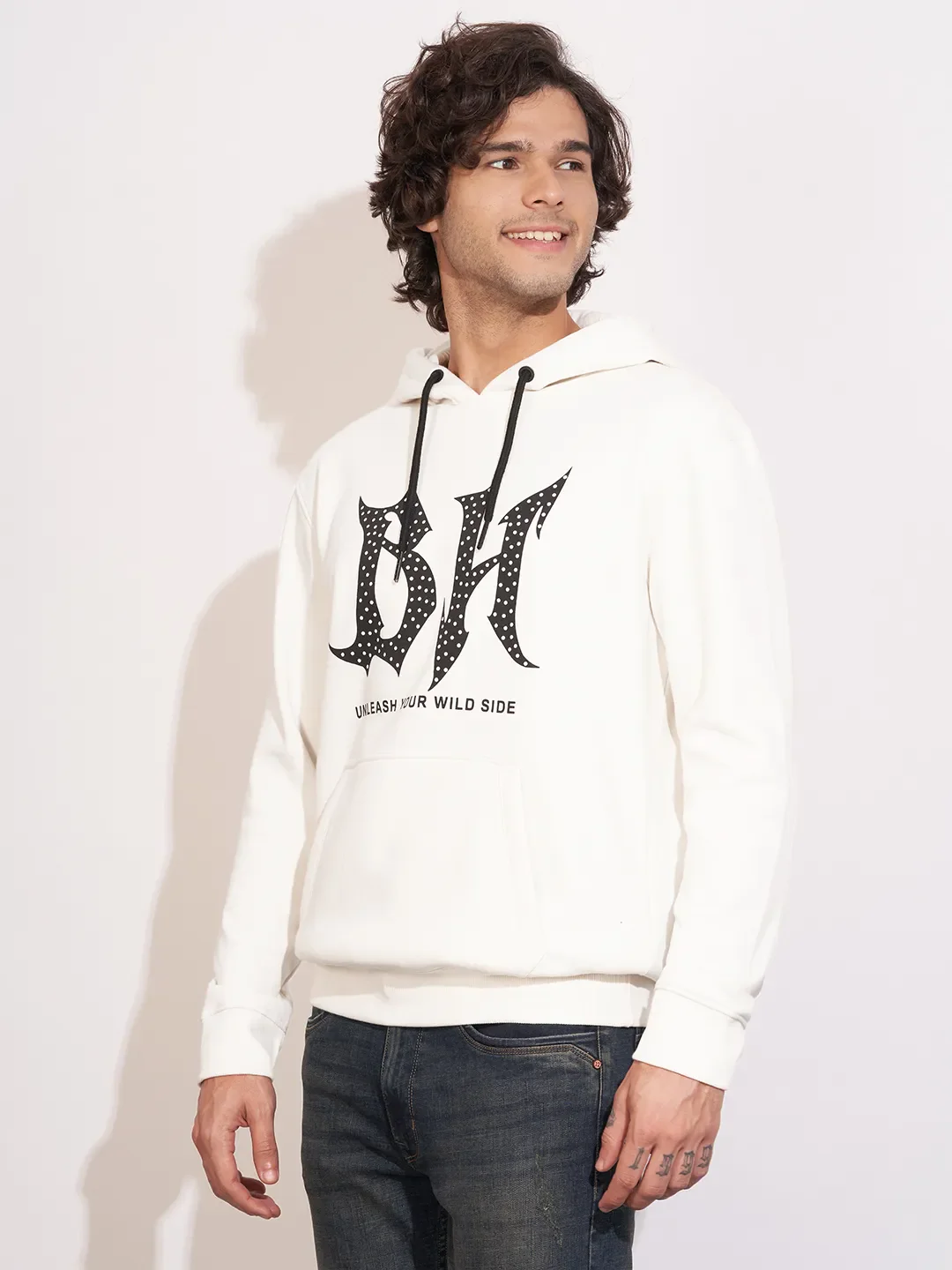 White Easy Fit  Long Sleeves Cotton Blend Men's Hoodie by Being Human Clothing - Image 2