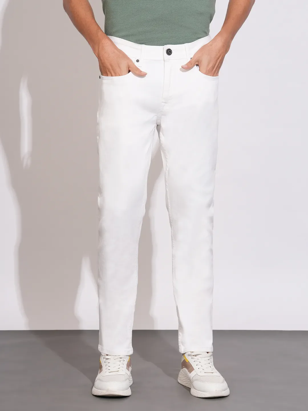 White Slim Fit Denims For Men By Being Human Clothing