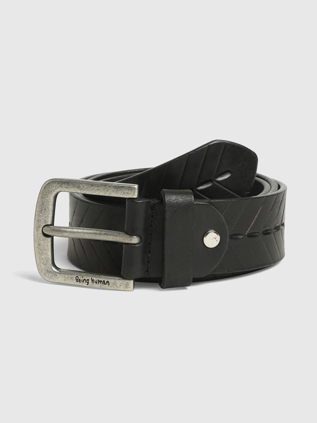 Black Buff Calf Leather Regular Fit Unisex Belt by Being Human Clothing - Image 4