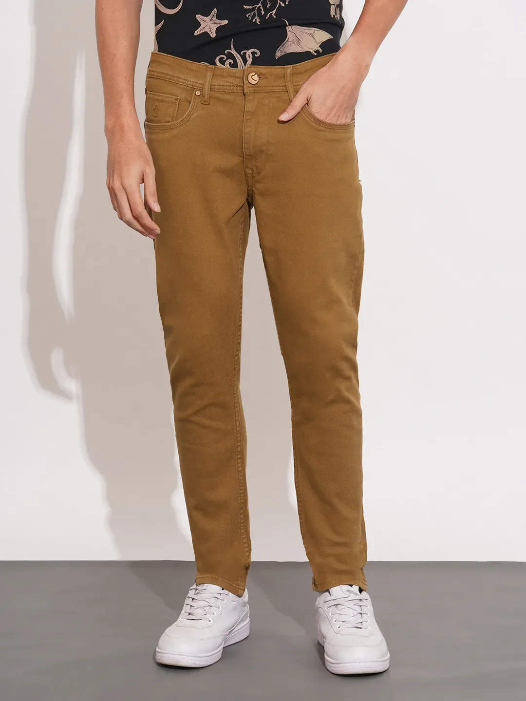 Brown Cropped Fit Cotton Blend Men's Denims by Being Human Clothing