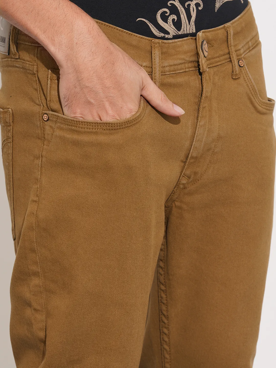 Brown Cropped Fit Cotton Blend Men's Denims by Being Human Clothing - Image 5
