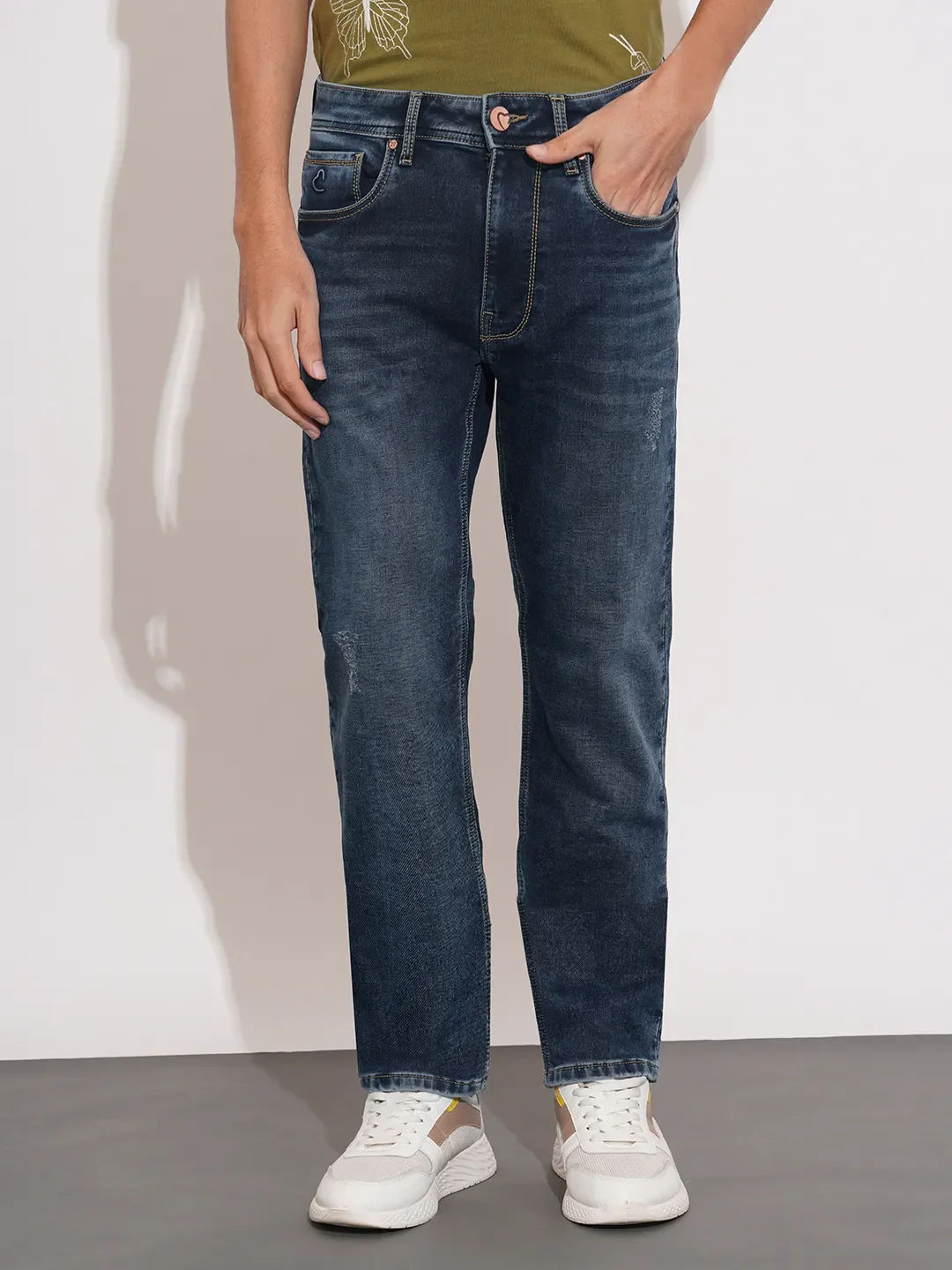 Blue Straight Fit Cotton Blend Men's Denims by Being Human Clothing