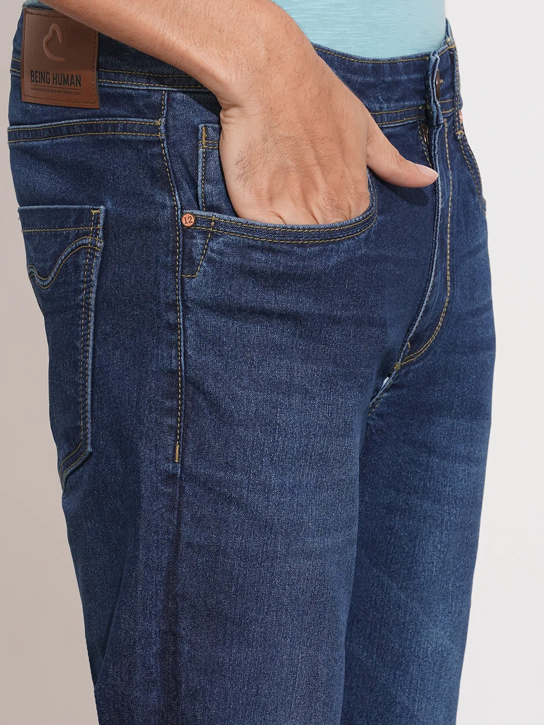 Dark Blue Straight Fit Denims For Men By Being Human Clothing - Image 5