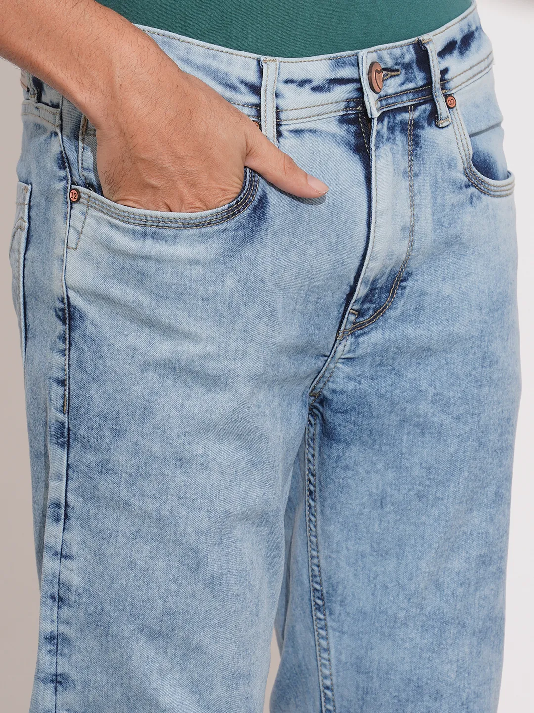 Light Blue Straight Fit Denims For Men By Being Human Clothing - Image 5
