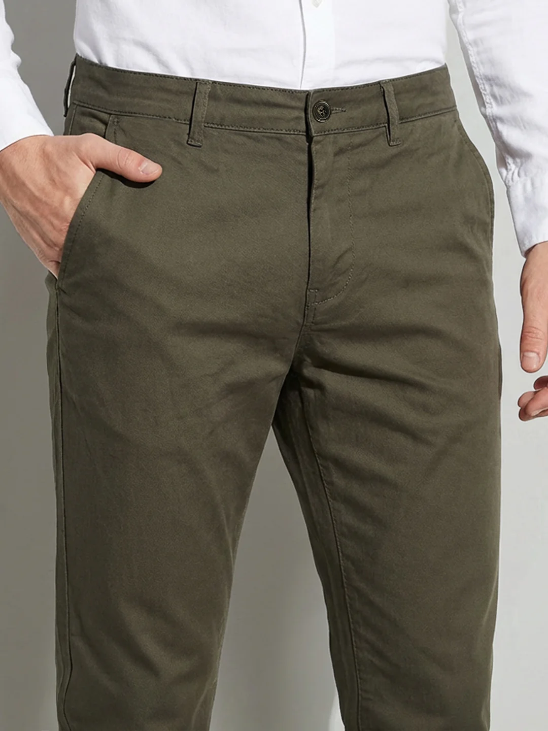 Military Green Slim Fit Men's Mid Rise Chinos by Being Human Clothing - Image 5