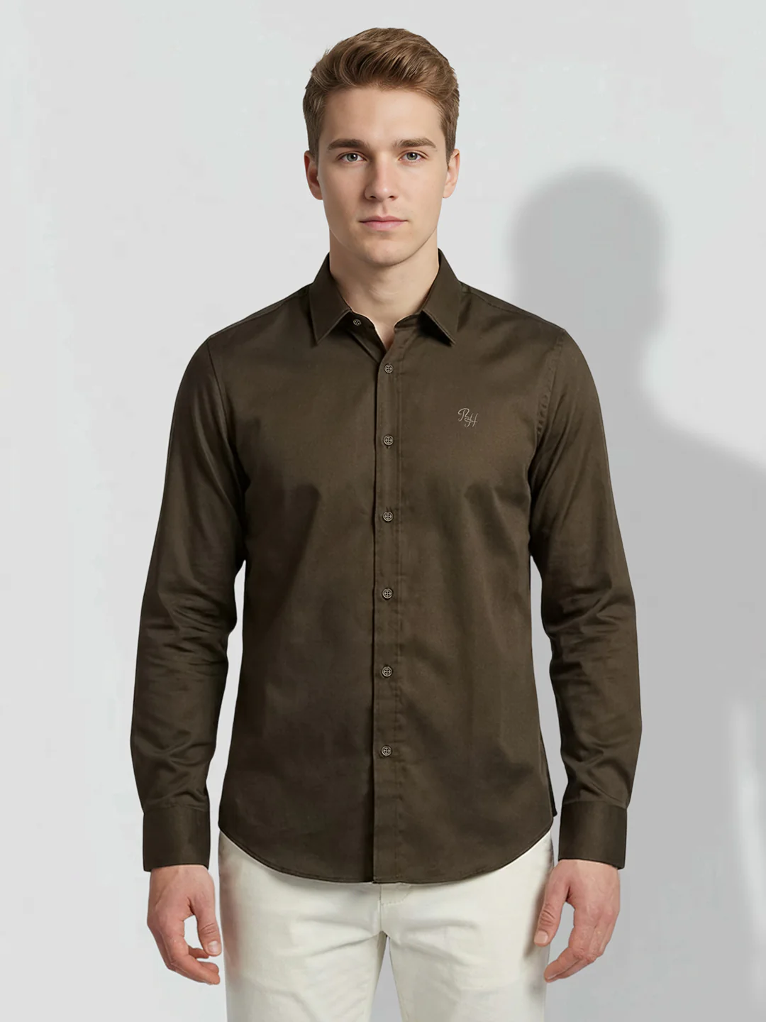 Olive Moderno Fit Men's Long Sleeves Spread Collar Shirt by Being Human Clothing