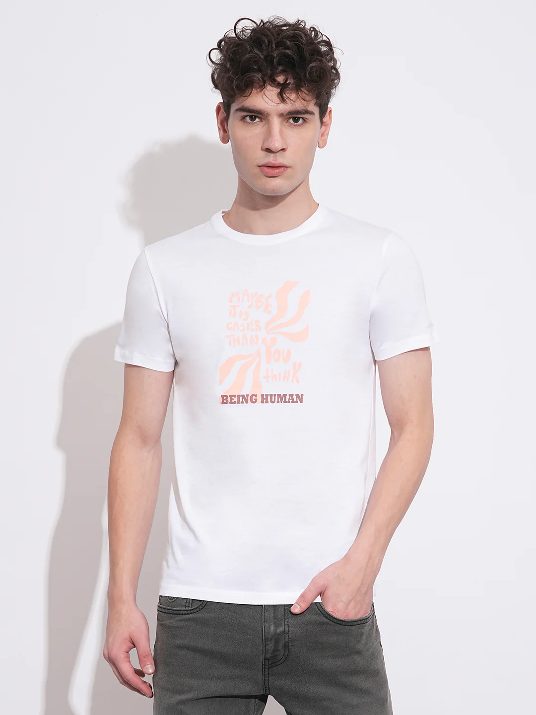 White Regular Fit Round Neck Men's T-Shirt by Being Human Clothing